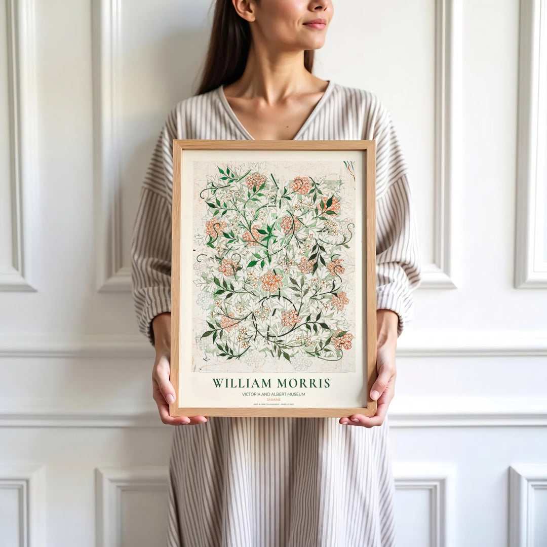 Studio office art print displaying the original 1872 William Morris Jasmine sketch layout with terracotta accents. MapYourDreams has ready-to-hang framed, unframed, and canvas options available for decor.