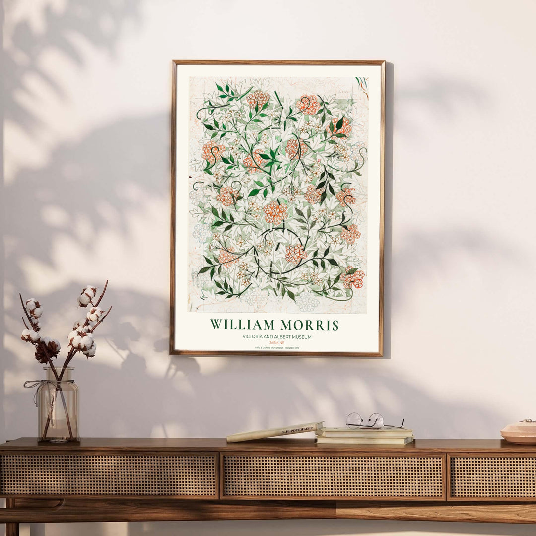 Archival exhibition poster of the original William Morris Jasmine sketch with Victoria &amp; Albert Museum text. Discover our tailored framed, unframed, and canvas options available at MapYourDreams.