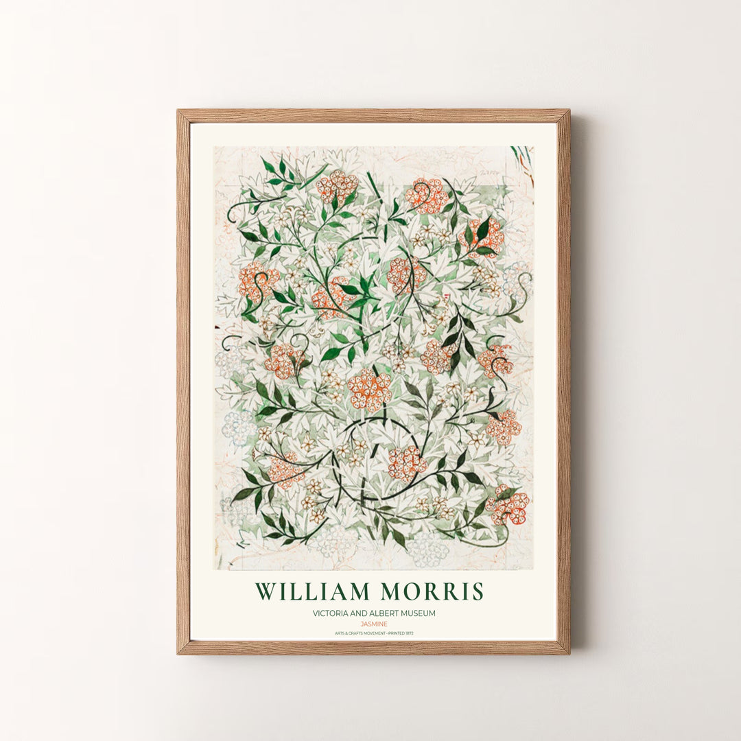 Vibrant botanical gallery wall piece featuring William Morris Jasmine draft lines in green, terracotta, and pencil grey. Shop versatile framed, unframed, and canvas options available at MapYourDreams.