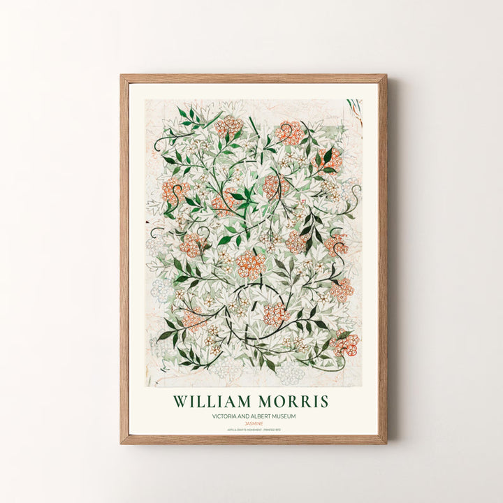 Vibrant botanical gallery wall piece featuring William Morris Jasmine draft lines in green, terracotta, and pencil grey. Shop versatile framed, unframed, and canvas options available at MapYourDreams.