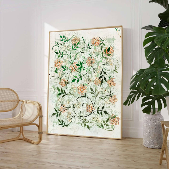 Authentic artist studio sketch print by William Morris featuring full-bleed Jasmine wallpaper design notes for library walls. Select from elegant framed, unframed, and canvas options available at MapYourDreams.