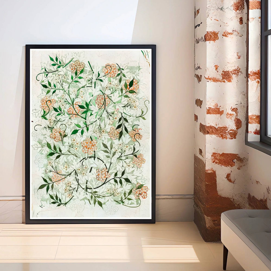 Elegant William Morris heritage wallpaper draft print showing parchment cream paper and forest green tendrils with no text borders. Explore durable framed, unframed, and canvas options available from MapYourDreams.