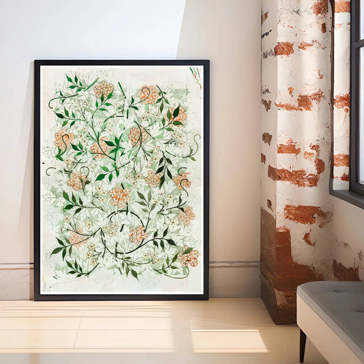 Elegant William Morris heritage wallpaper draft print showing parchment cream paper and forest green tendrils with no text borders. Explore durable framed, unframed, and canvas options available from MapYourDreams.