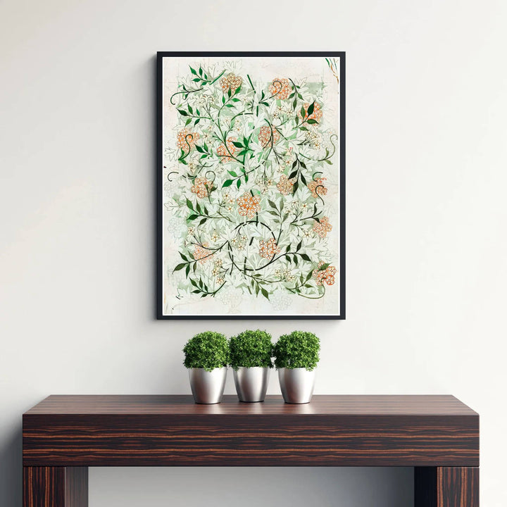 Full-bleed parchment cream background with green hawthorn leaves in a restored vintage William Morris Jasmine sketch print. MapYourDreams offers custom framed, unframed, and canvas options available for any room decor.