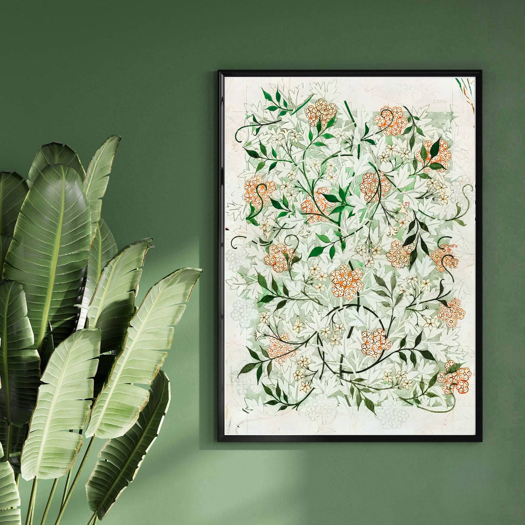High-contrast historical draft pattern artwork by William Morris featuring full-bleed Jasmine sketch motifs for gallery walls. Order archival framed, unframed, and canvas options available at MapYourDreams now.