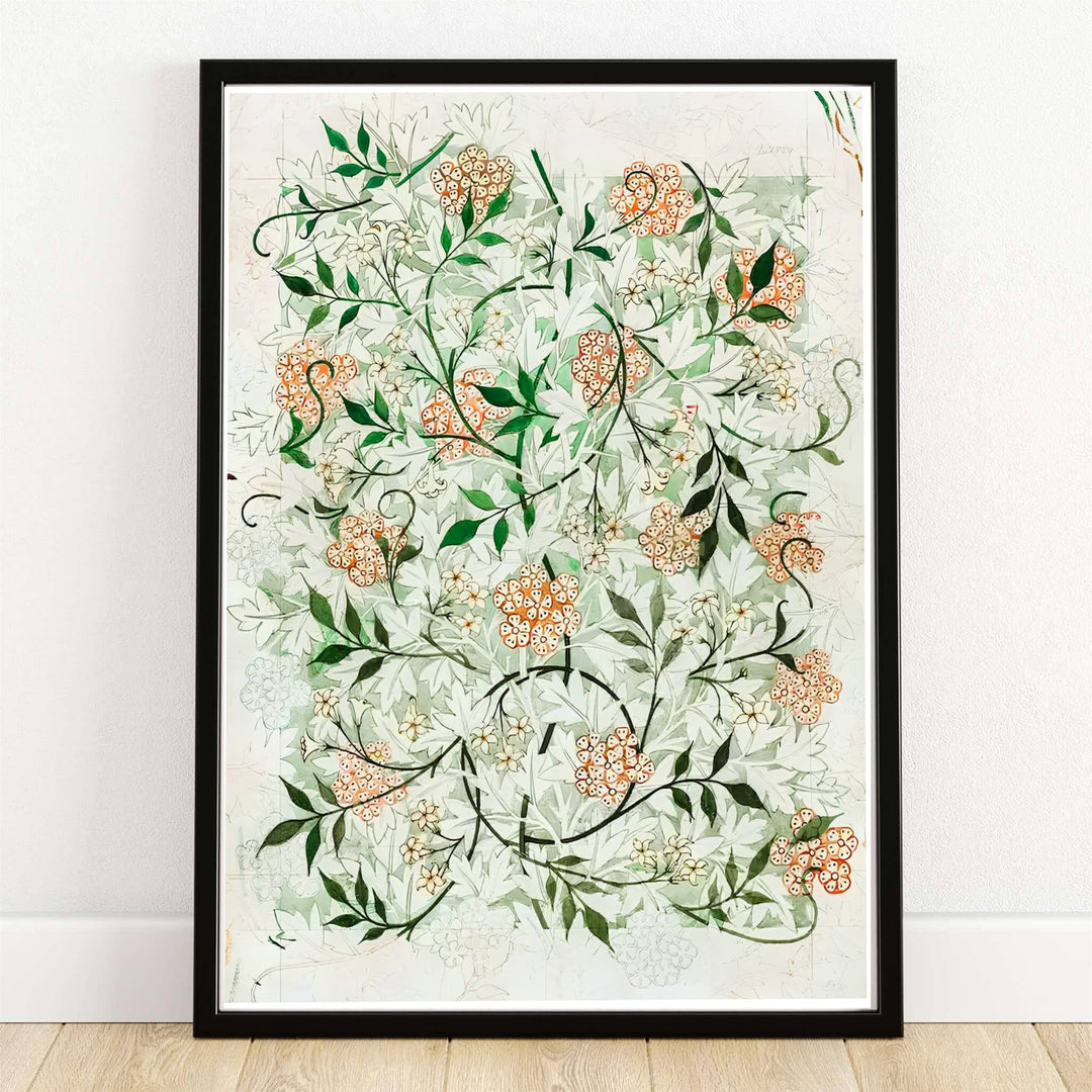 Full-bleed original hand-drawn 1872 wallpaper draft with green leaves and terracotta flowers in a William Morris Jasmine sketch print. MapYourDreams provides framed, unframed, and canvas options available for home interior decoration.