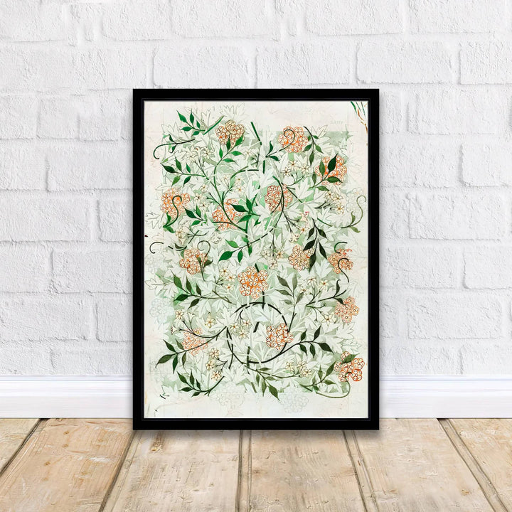 Classic English decorative print showcasing the full-bleed 1872 William Morris Jasmine wallpaper sketch on aged paper. Browse fine framed, unframed, and canvas options available at MapYourDreams.
