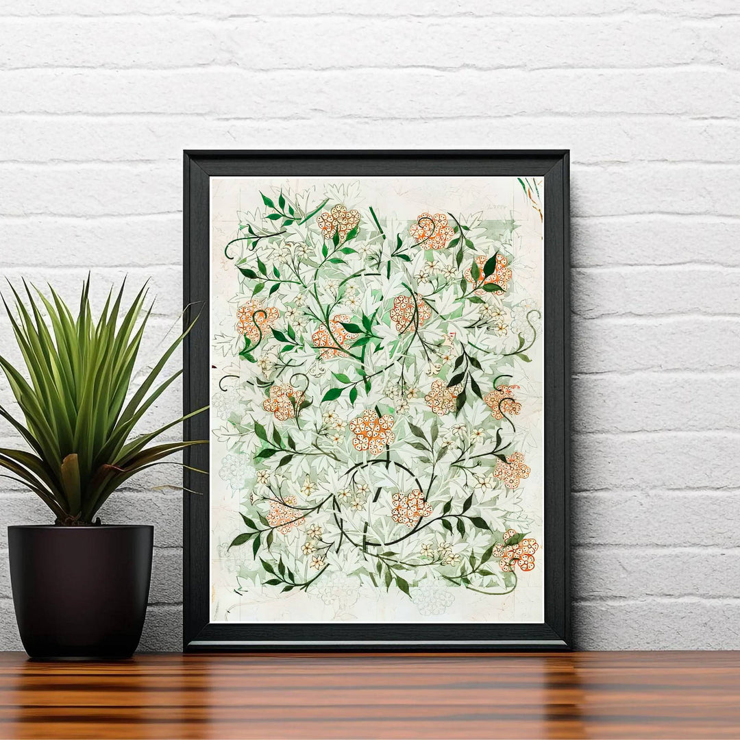 Full-bleed winding dark ink vines and terracotta orange blossoms by William Morris rendered over preliminary pencil guidelines. Choose high quality framed, unframed, and canvas options available at MapYourDreams today.