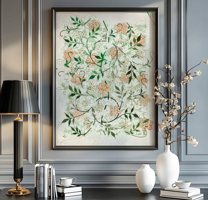 Charming vintage artist draft print illustrating 19th-century William Morris Jasmine foliage in a full-bleed layout. MapYourDreams brings you beautiful framed, unframed, and canvas options available for wall styling.