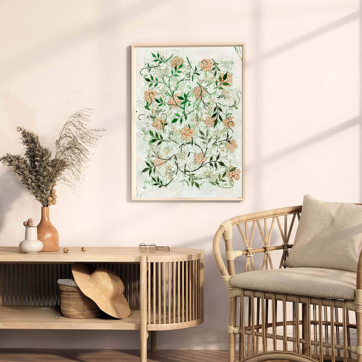 Detailed botanical draft illustration of jasmine flowers, pencil gridlines, and foliage by William Morris in full bleed. MapYourDreams provides archival framed, unframed, and canvas options available to buy.