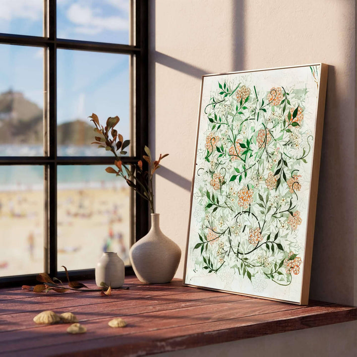 Close-up view of graphite guidelines, ink outlines, and terracotta orange floral details from the full-bleed William Morris Jasmine sketch print. MapYourDreams offers versatile framed, unframed, and canvas options available online.