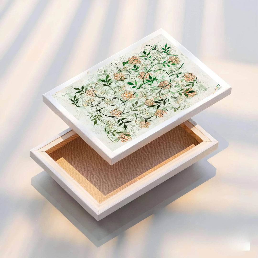 Striking botanical draft wall hanging featuring William Morris Jasmine full-bleed sketch details on parchment paper. Choose framed, unframed, and canvas options available from MapYourDreams.