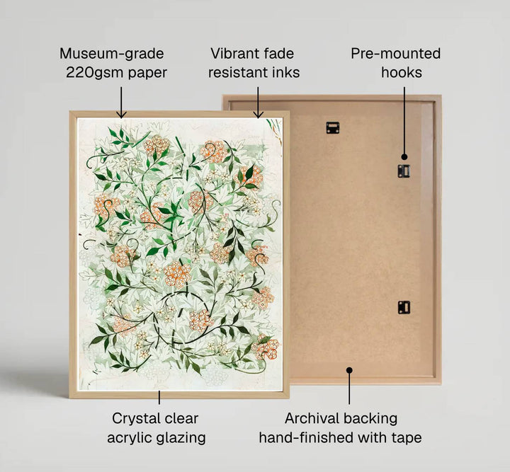 Intricate full-bleed design sketch for the William Morris Jasmine wallpaper showing pencil gridlines on parchment paper. Shop high quality framed, unframed, and canvas options available today at MapYourDreams.