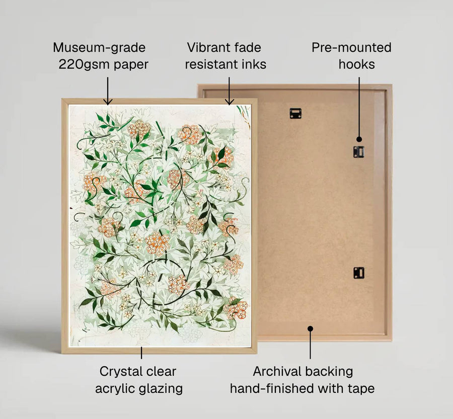 Intricate full-bleed design sketch for the William Morris Jasmine wallpaper showing pencil gridlines on parchment paper. Shop high quality framed, unframed, and canvas options available today at MapYourDreams.