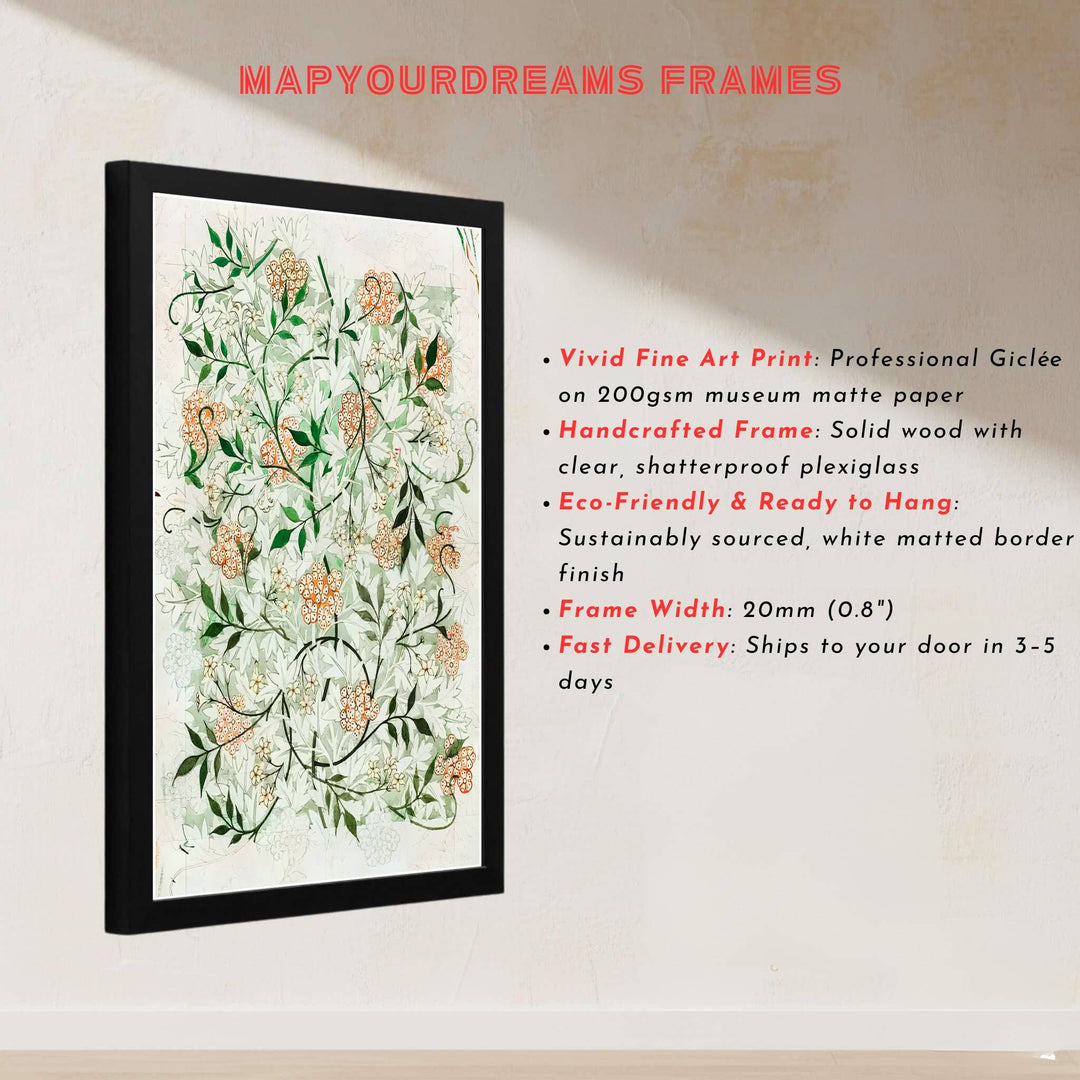 Intricate preliminary full-bleed floral draft print by William Morris, ideal for creating an artistic focal point in a study. MapYourDreams offers museum-grade framed, unframed, and canvas options available.