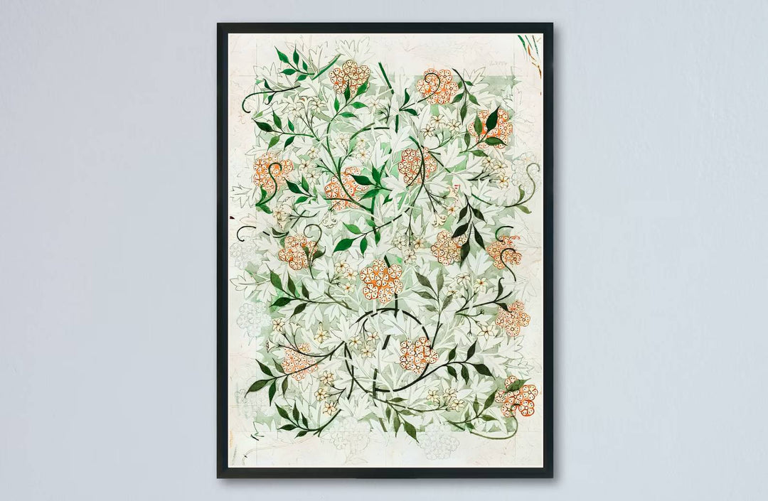 Vintage English heritage print showing a full-bleed 1872 William Morris Jasmine sketch on archival paper. Explore our selection of framed, unframed, and canvas options available at MapYourDreams.