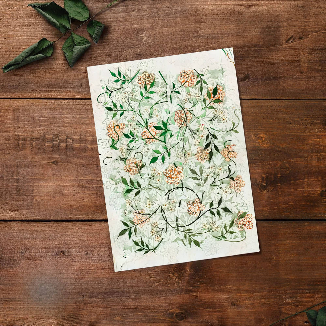 Rustic parchment botanical decor print featuring full-bleed Jasmine design lines by William Morris, framed for modern spaces. Order your favorite framed, unframed, and canvas options available at MapYourDreams.