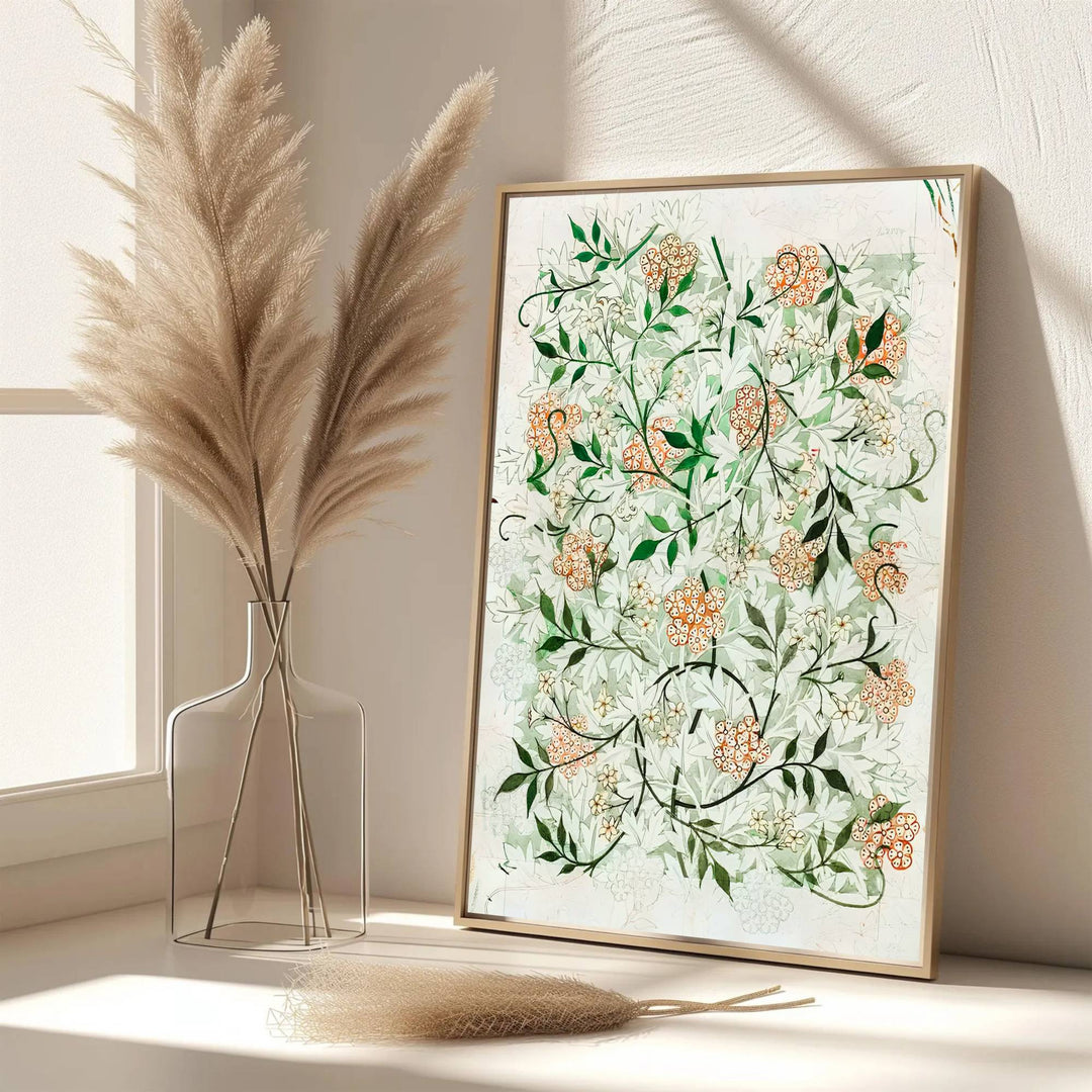 Beautiful William Morris Jasmine full-bleed sketch artwork showcasing historic 19th-century wallpaper design processes. MapYourDreams presents professional framed, unframed, and canvas options available for display.