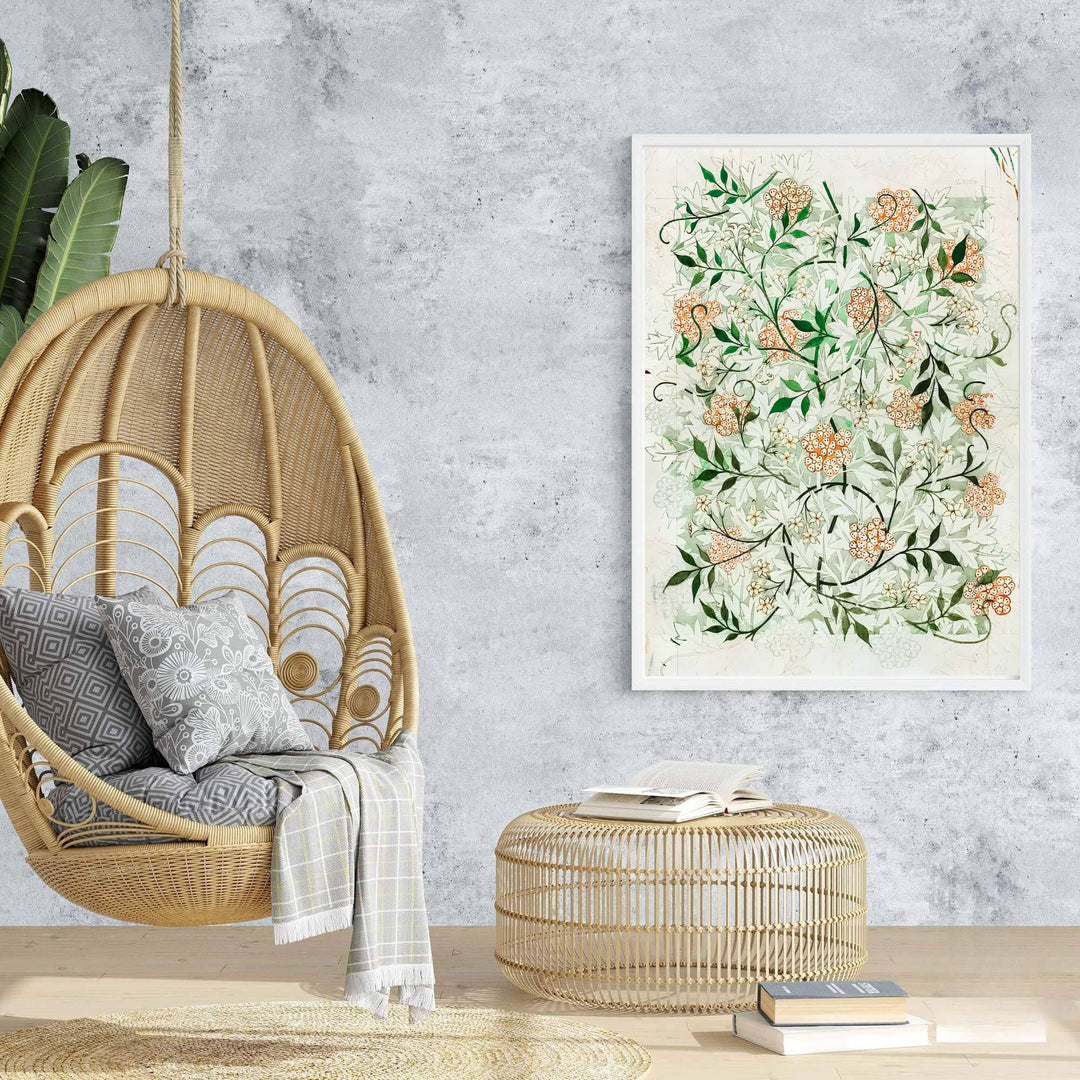 Artistic floral draft tapestry print illustrating full-bleed William Morris Jasmine sketch details, designed for eclectic interiors. Select fine framed, unframed, and canvas options available at MapYourDreams.