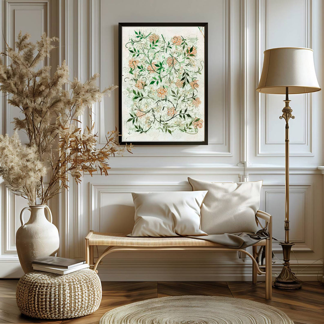 Fine art print of the full-bleed William Morris Jasmine draft design, displaying raw Victorian botanical craftsmanship on cream. MapYourDreams features top quality framed, unframed, and canvas options available.
