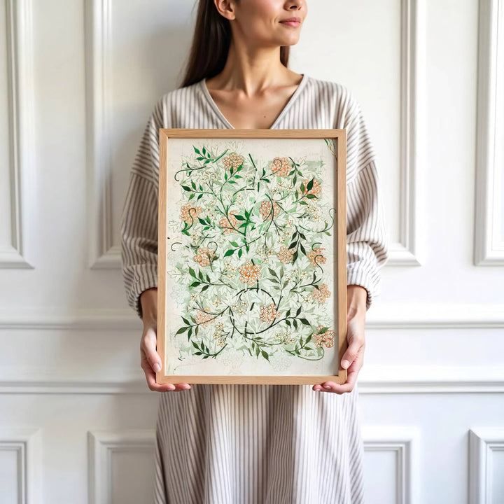 Studio office art print displaying the full-bleed 1872 William Morris Jasmine sketch layout with terracotta accents. MapYourDreams has ready-to-hang framed, unframed, and canvas options available for decor.