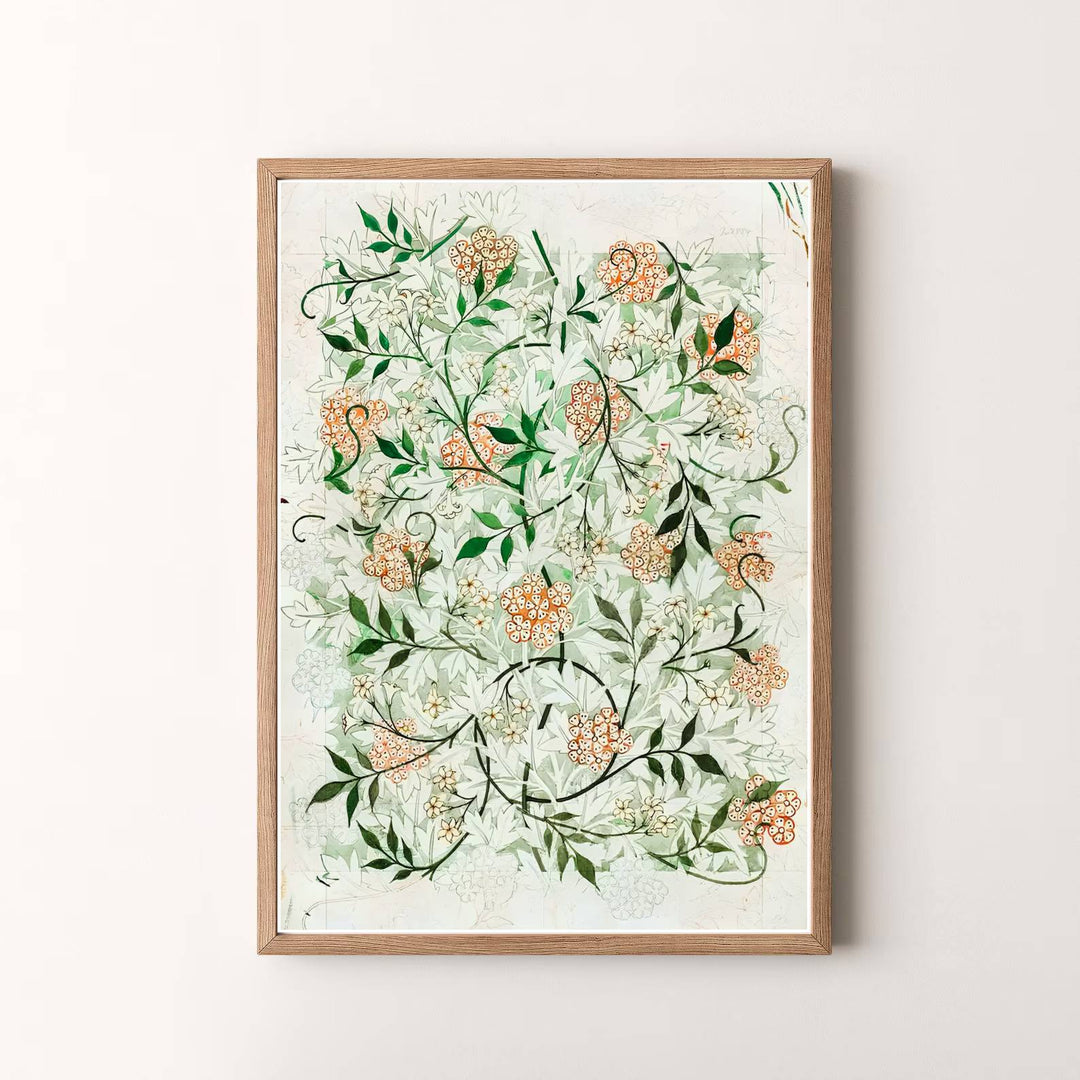 Vibrant botanical gallery wall piece featuring William Morris Jasmine draft lines in full-bleed green and terracotta. Shop versatile framed, unframed, and canvas options available at MapYourDreams.