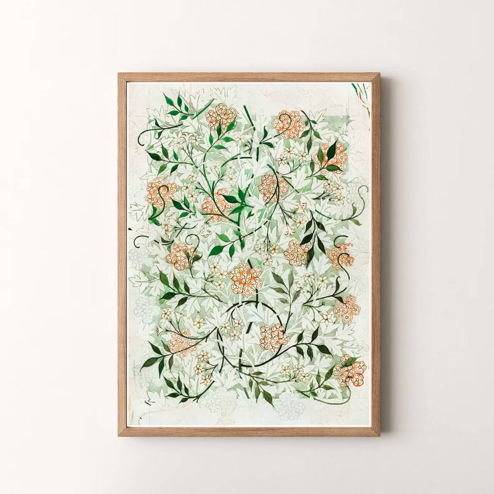 Vibrant botanical gallery wall piece featuring William Morris Jasmine draft lines in full-bleed green and terracotta. Shop versatile framed, unframed, and canvas options available at MapYourDreams.