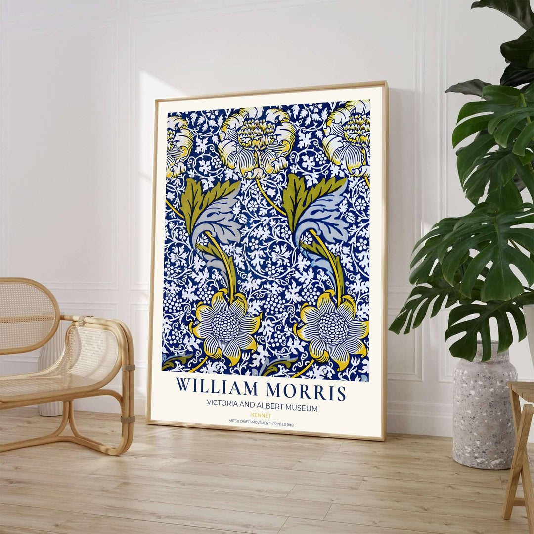 Vibrant blue and yellow floral art poster by William Morris featuring Kennet foliage, ideal for living room wall spaces. Select from elegant framed, unframed, and canvas options available at MapYourDreams.
