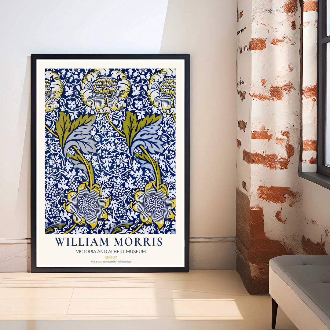 Elegant William Morris heritage textile print showing dark blue and yellow floral tendrils in a clean museum border. Explore durable framed, unframed, and canvas options available from MapYourDreams.