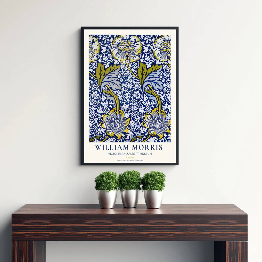 Cobalt blue and sunny yellow foliage in a restored vintage William Morris Kennet exhibition print. MapYourDreams offers custom framed, unframed, and canvas options available for any room decor.