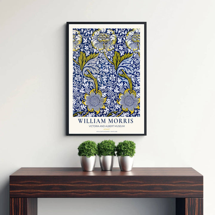 Cobalt blue and sunny yellow foliage in a restored vintage William Morris Kennet exhibition print. MapYourDreams offers custom framed, unframed, and canvas options available for any room decor.