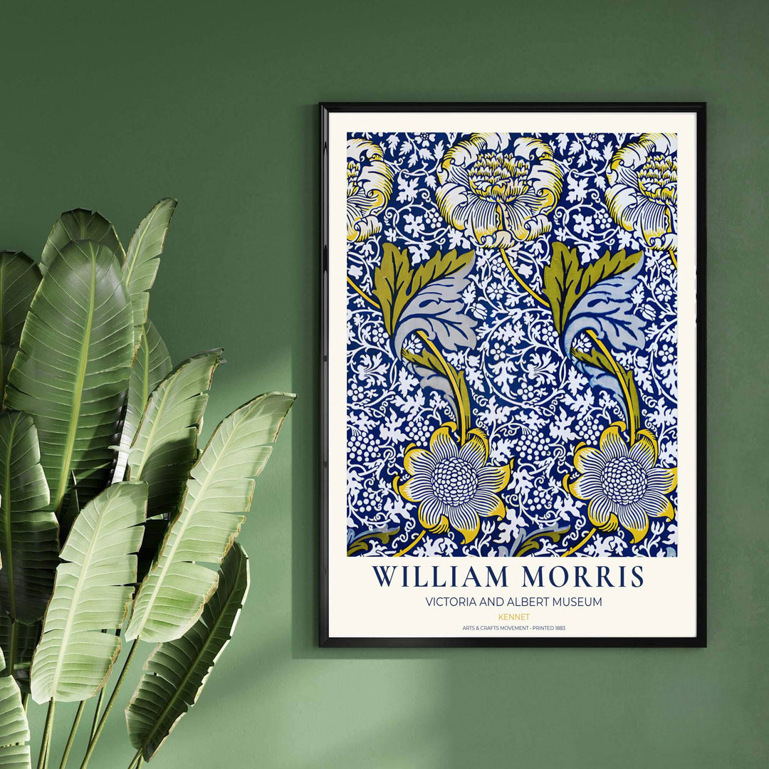 Classic English decorative poster showcasing the 1883 William Morris Kennet design in bold blue and yellow. Browse fine framed, unframed, and canvas options available at MapYourDreams.