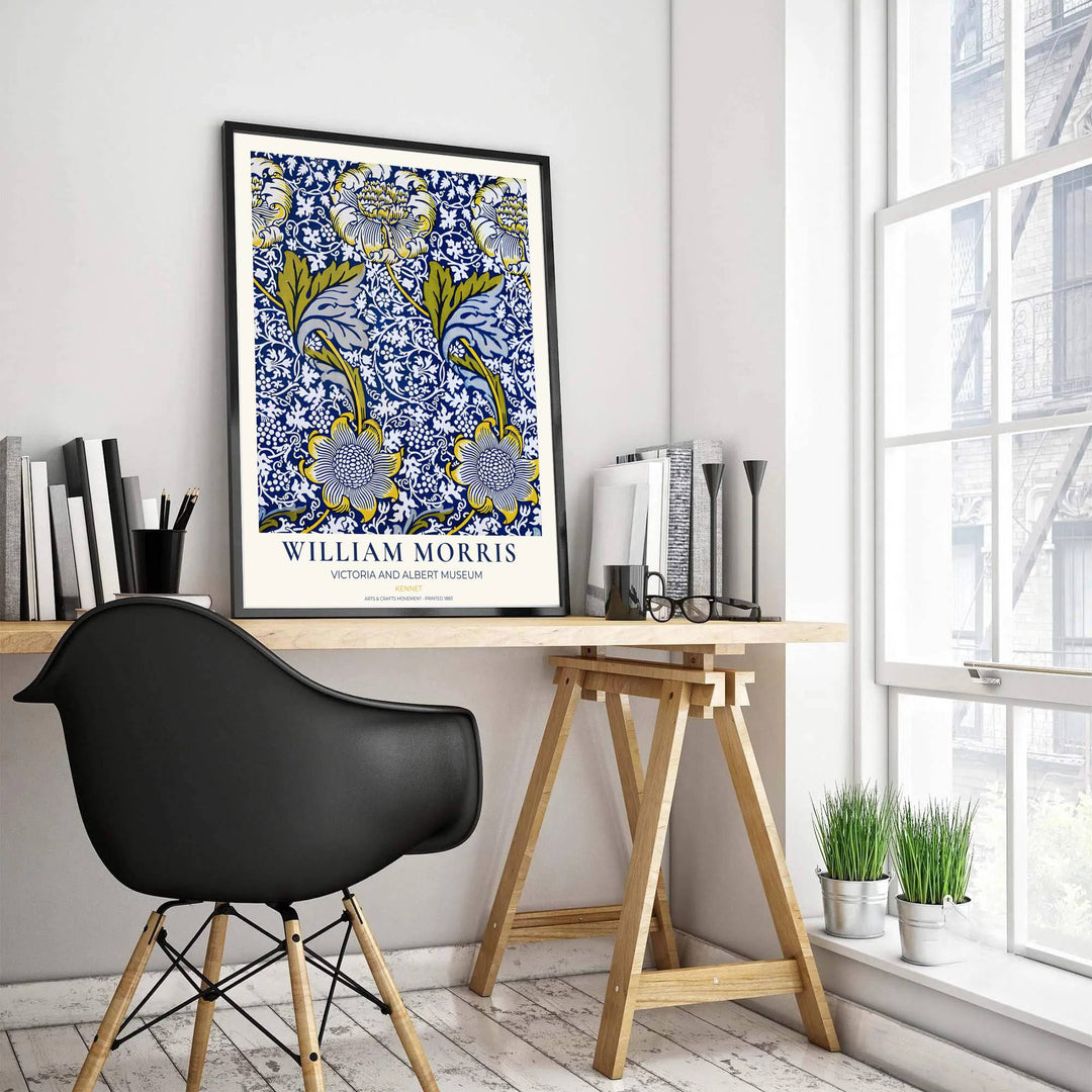 High-contrast botanical pattern artwork by William Morris featuring Kennet floral motifs for gallery walls. Order archival framed, unframed, and canvas options available at MapYourDreams now.