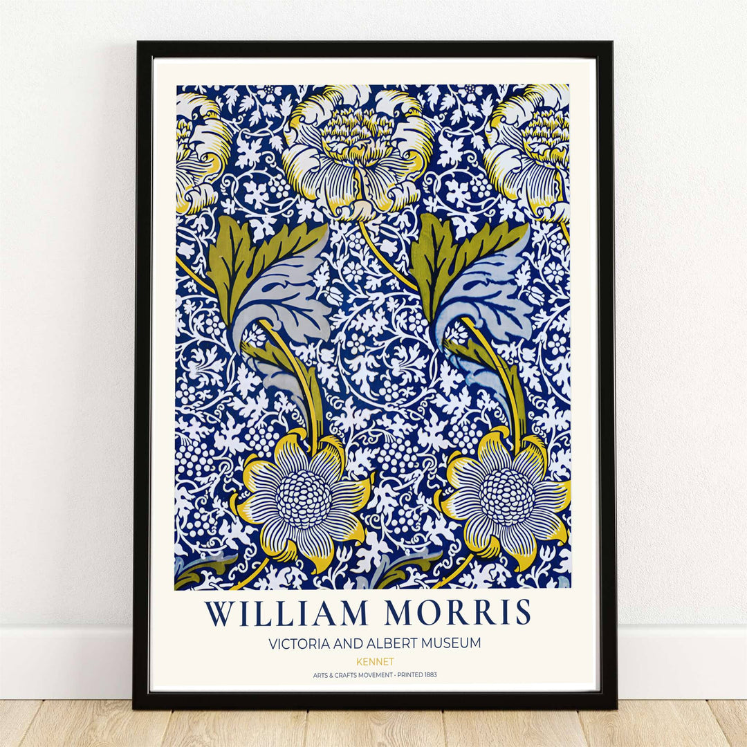 Ochre yellow blooms and sweeping acanthus leaves over a cobalt background in a William Morris Kennet print. MapYourDreams provides framed, unframed, and canvas options available for home interior decoration.