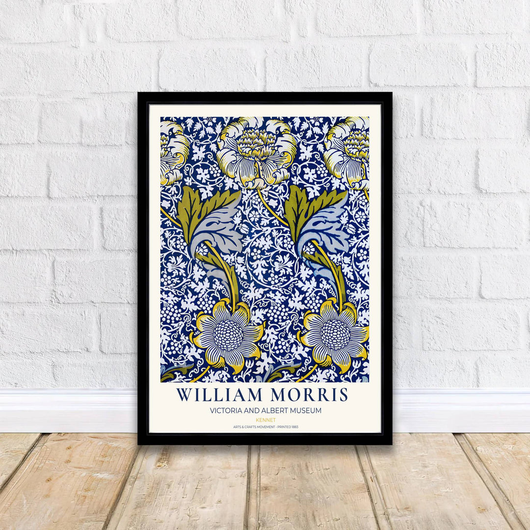 Winding white stems and yellow sunflower blooms by William Morris rendered over cobalt blue. Choose high quality framed, unframed, and canvas options available at MapYourDreams today.