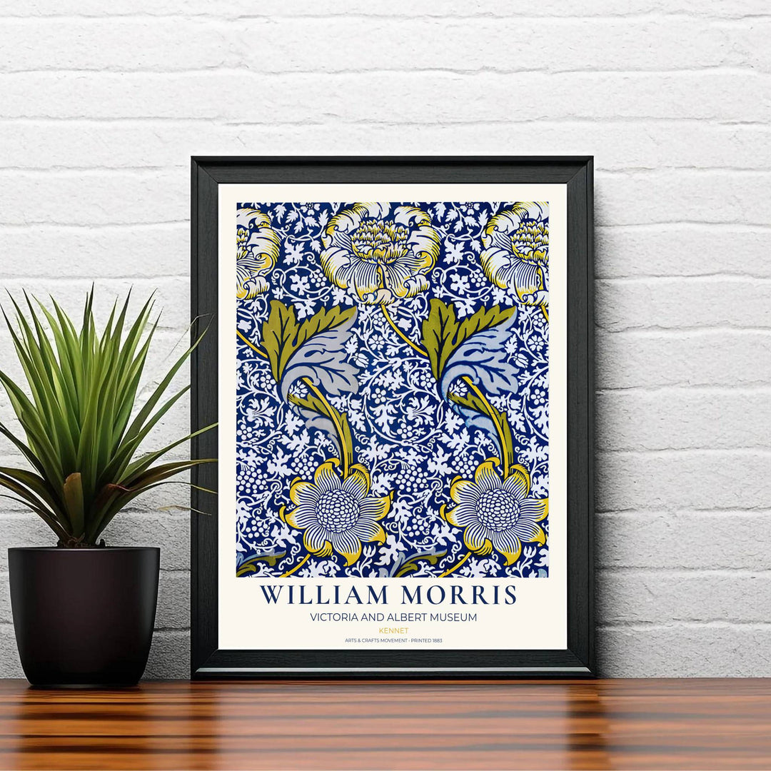 Museum-quality reproduction of the blue William Morris Kennet textile layout, printed on archival matte paper. Find framed, unframed, and canvas options available at MapYourDreams.