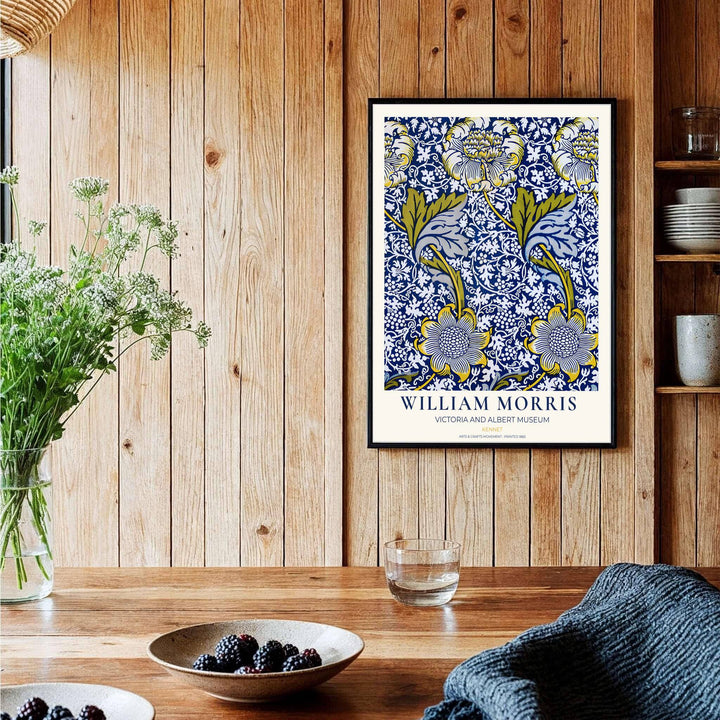 Charming vintage botanical poster illustrating 19th-century William Morris Kennet foliage with museum text. MapYourDreams brings you beautiful framed, unframed, and canvas options available for wall styling.