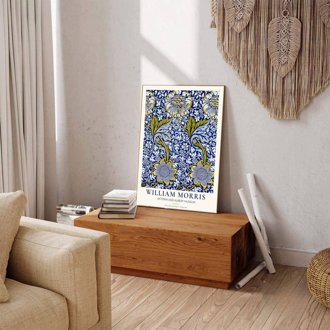 Restored 1883 William Morris exhibition poster combining cobalt blue hues with historic British Arts and Crafts art. Shop stunning framed, unframed, and canvas options available at MapYourDreams.
