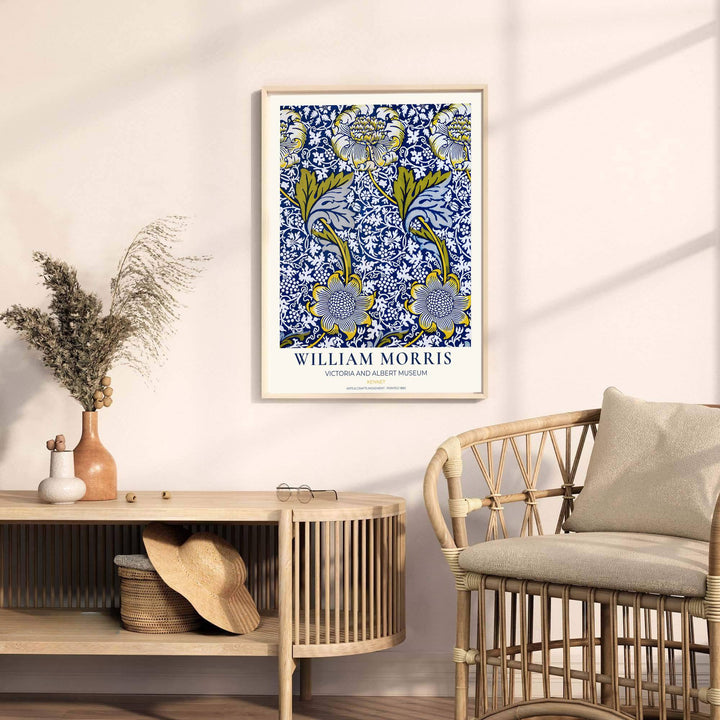 Detailed botanical illustration of yellow flowers and blue acanthus leaves on sweeping vines by William Morris. MapYourDreams provides archival framed, unframed, and canvas options available to buy.