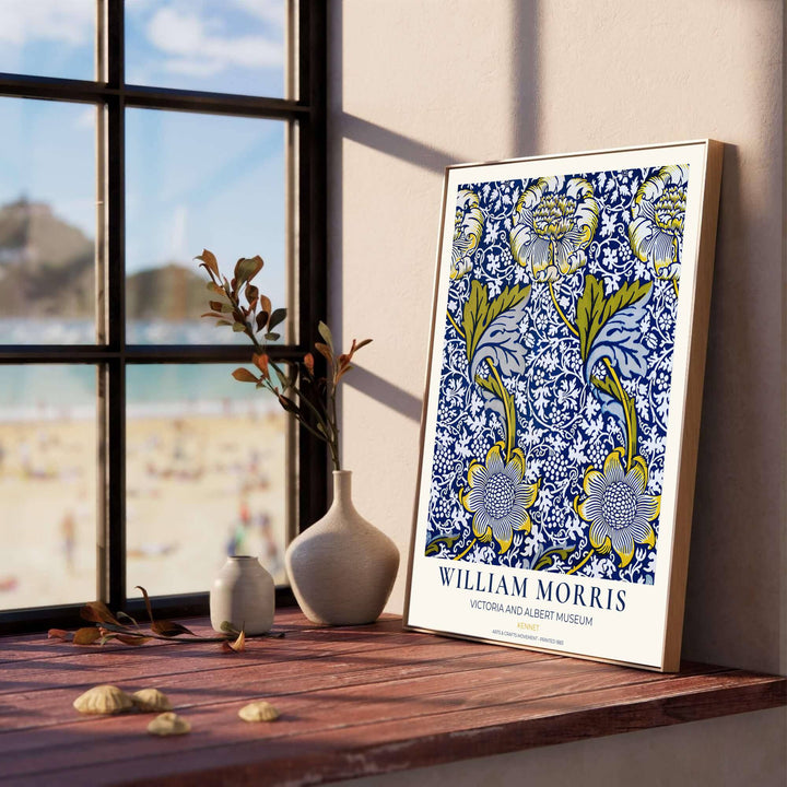 Historic Arts and Crafts Movement wall art print displaying the William Morris Kennet layout in vibrant blue. Discover premium framed, unframed, and canvas options available at MapYourDreams.