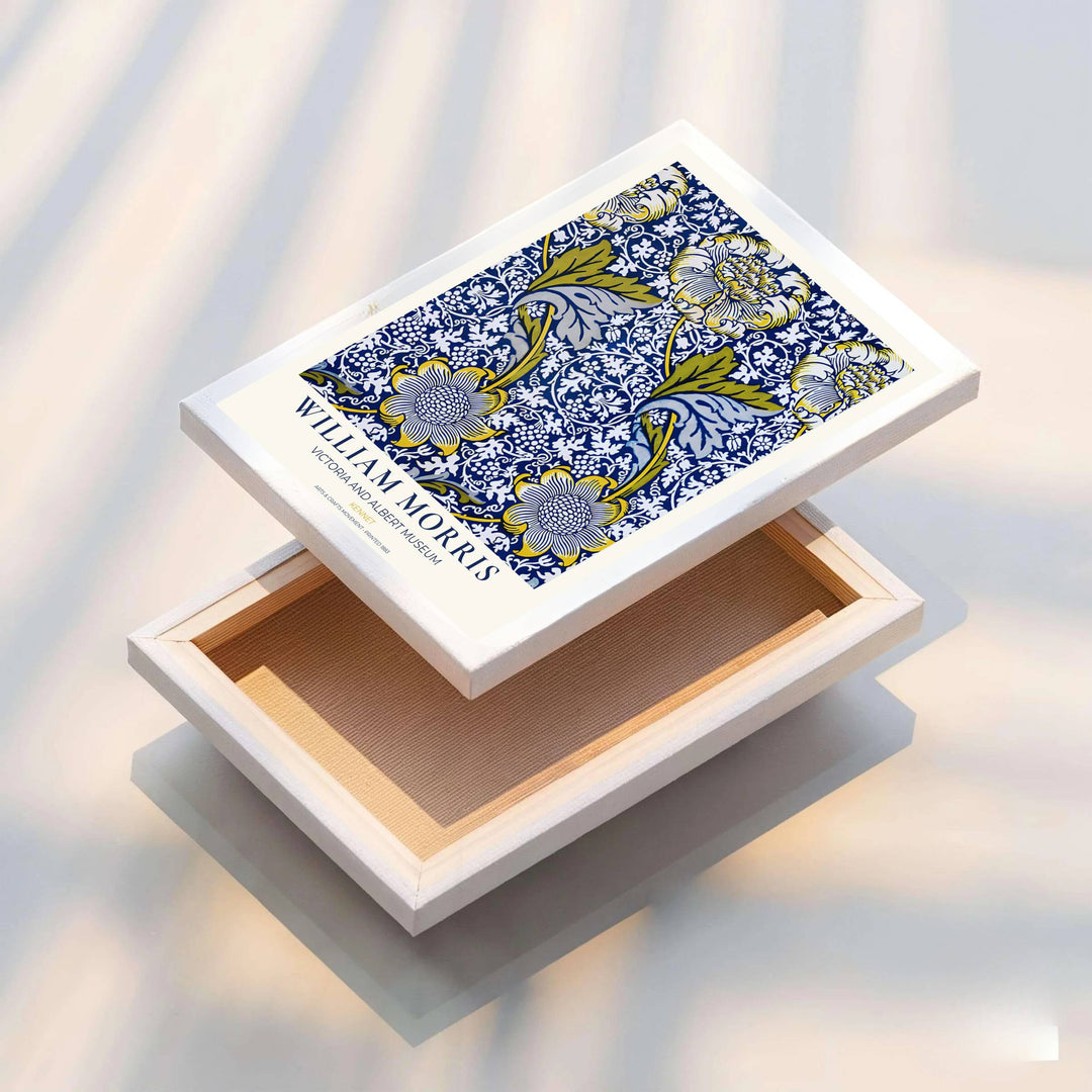 Striking cobalt floral wall hanging featuring William Morris Kennet motifs from the V&amp;A museum collection. Choose framed, unframed, and canvas options available from MapYourDreams.