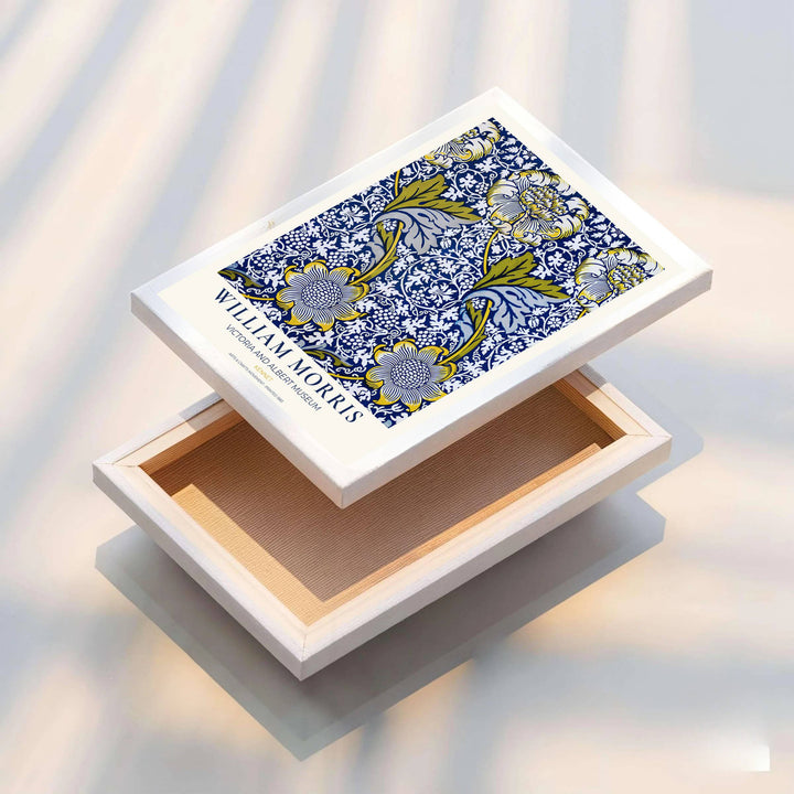 Striking cobalt floral wall hanging featuring William Morris Kennet motifs from the V&amp;A museum collection. Choose framed, unframed, and canvas options available from MapYourDreams.