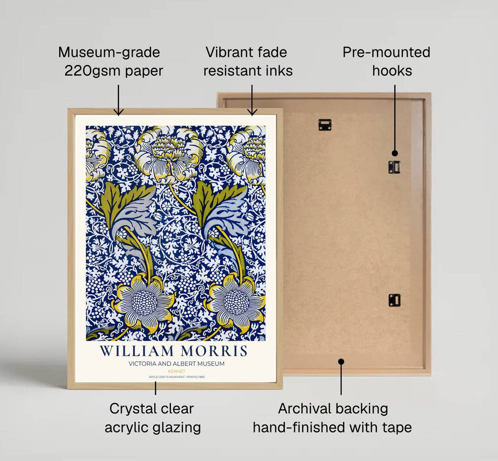 Intricate 1883 William Morris Kennet printed cotton design in cobalt blue and yellow with V&A museum text. Shop high quality framed, unframed, and canvas options available today at MapYourDreams.