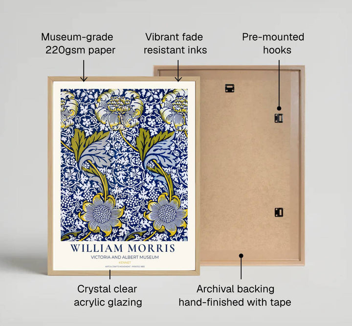 Intricate 1883 William Morris Kennet printed cotton design in cobalt blue and yellow with V&amp;A museum text. Shop high quality framed, unframed, and canvas options available today at MapYourDreams.