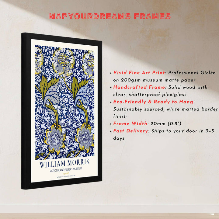Intricate acanthus foliage and sunflower pattern art print by William Morris, ideal for creating a vibrant focal point. MapYourDreams offers museum-grade framed, unframed, and canvas options available.