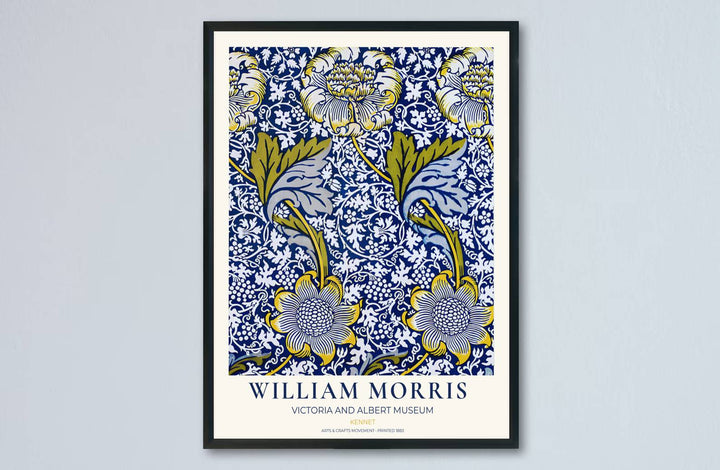 Vintage English heritage poster showing a dense blue tapestry of William Morris Kennet vines on paper. Explore our selection of framed, unframed, and canvas options available at MapYourDreams.