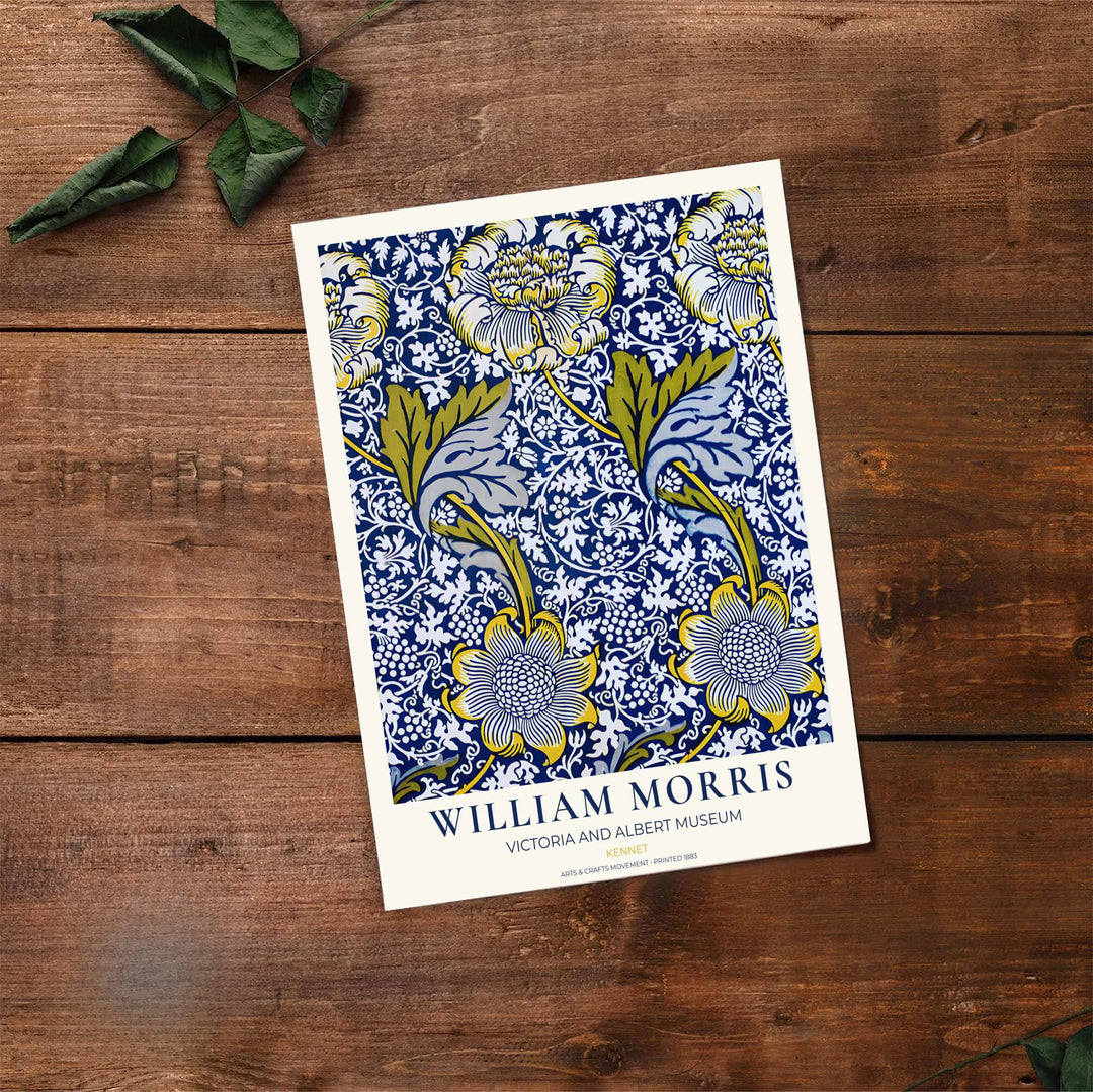 Vibrant blue yellow botanical decor print featuring Kennet foliage by William Morris, framed in a clean layout. Order your favorite framed, unframed, and canvas options available at MapYourDreams.
