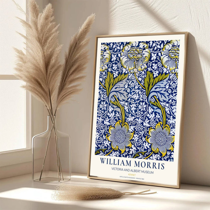 Beautiful William Morris Kennet artwork showcasing 19th-century textile graphics on a cobalt blue field. MapYourDreams presents professional framed, unframed, and canvas options available for display.