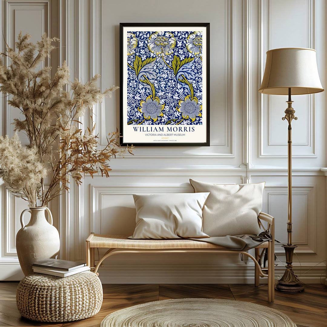 Fine art print of the William Morris Kennet design, displaying historic botanical craftsmanship in blue and yellow. MapYourDreams features top quality framed, unframed, and canvas options available.