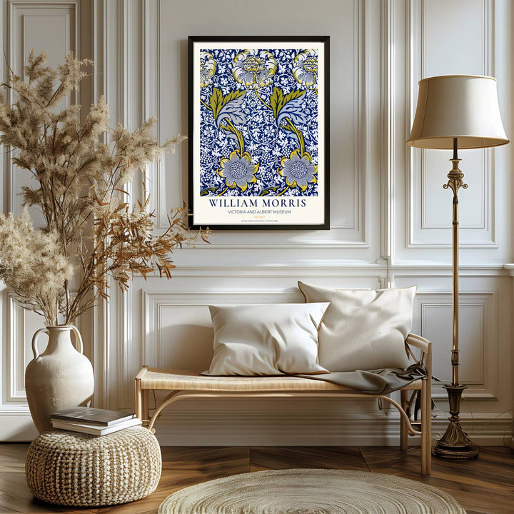 Fine art print of the William Morris Kennet design, displaying historic botanical craftsmanship in blue and yellow. MapYourDreams features top quality framed, unframed, and canvas options available.